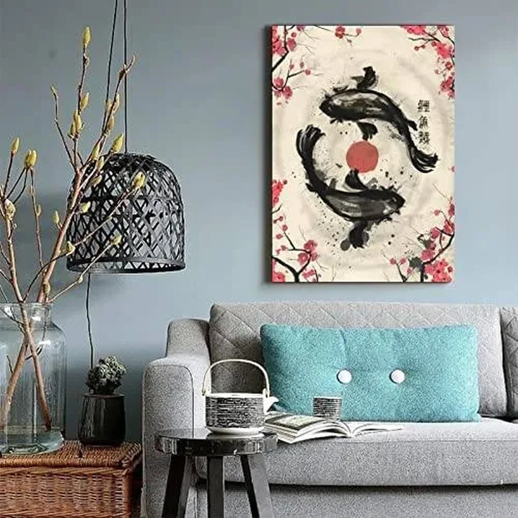 ALAYRA Japanese Retro Ink Painting Sakura Yin Yang Koi Fish Art Print Canvas Painting Home Decoration For Living Room Bedroom Unframed 12 x18 inches 01 - Image 2
