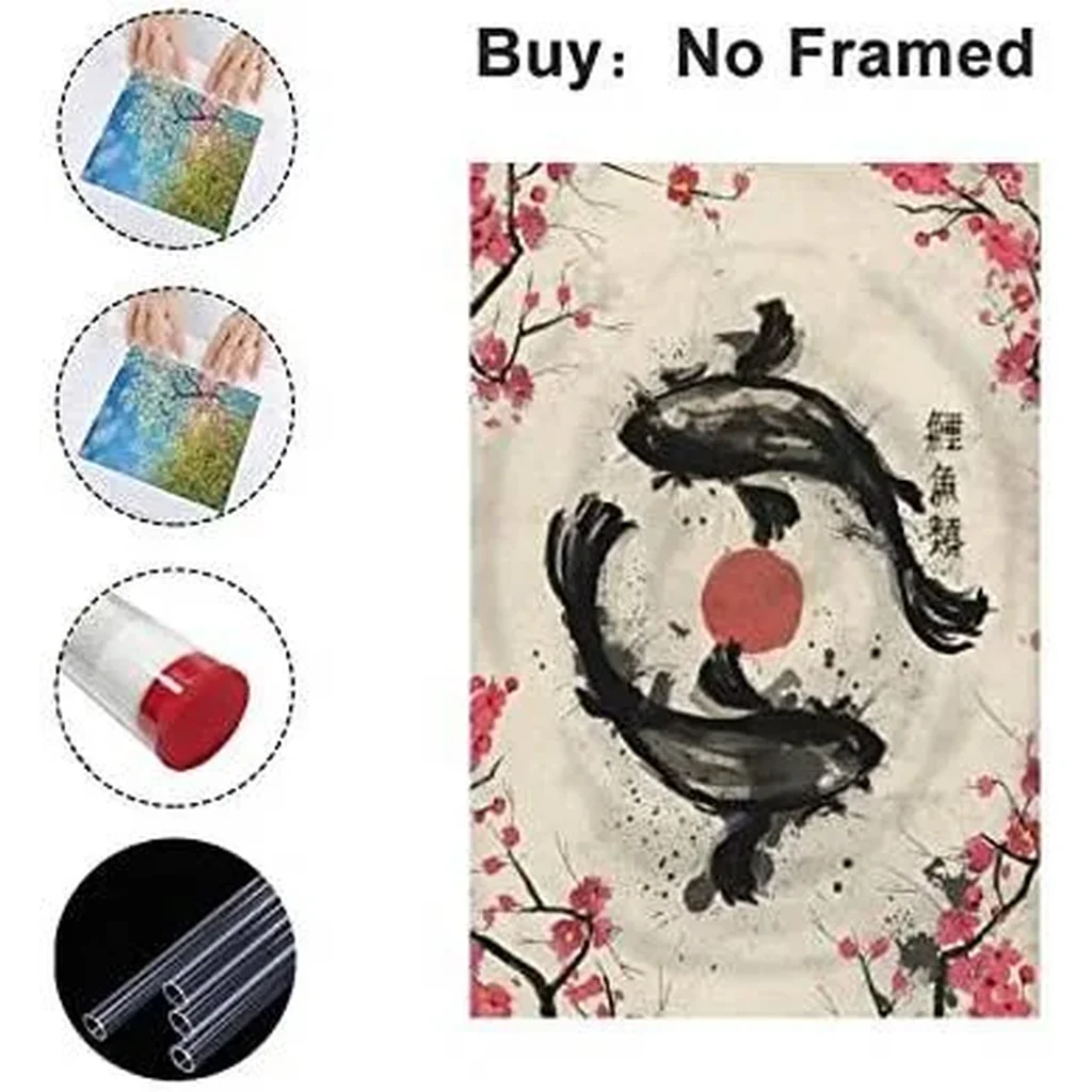ALAYRA Japanese Retro Ink Painting Sakura Yin Yang Koi Fish Art Print Canvas Painting Home Decoration For Living Room Bedroom Unframed 12 x18 inches 01 - Image 4