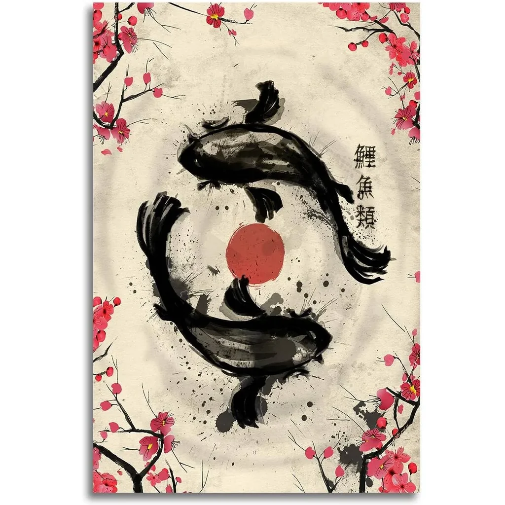 ALAYRA Japanese Retro Ink Painting Sakura Yin Yang Koi Fish Art Print Canvas Painting Home Decoration For Living Room Bedroom Unframed 16 x24 inches 01