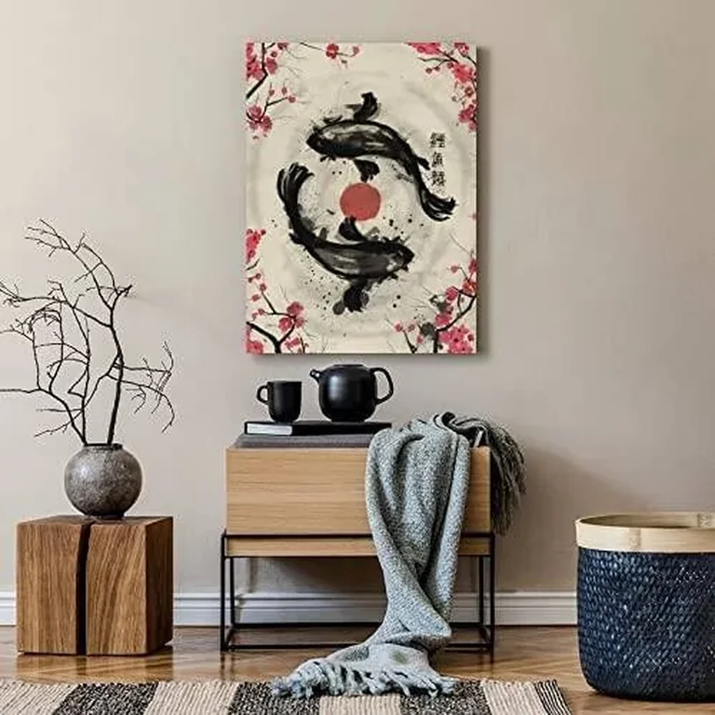 ALAYRA Japanese Retro Ink Painting Sakura Yin Yang Koi Fish Art Print Canvas Painting Home Decoration For Living Room Bedroom Unframed 16 x24 inches 01 - Image 3