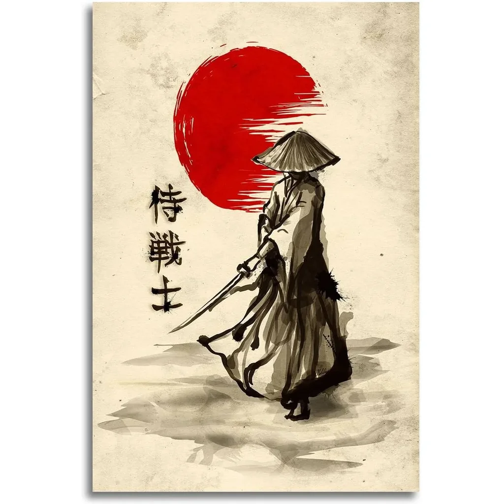 ALAYRA Japanese Samurai Posters Wall Art Samurai Character Red Moon Canvas Painting Home Decoration for Living Room Bedroom Unframed 12 x18 inches 01