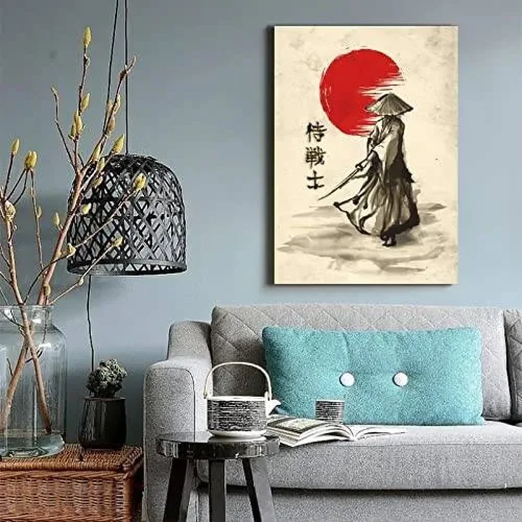 ALAYRA Japanese Samurai Posters Wall Art Samurai Character Red Moon Canvas Painting Home Decoration for Living Room Bedroom Unframed 12 x18 inches 01 - Image 2