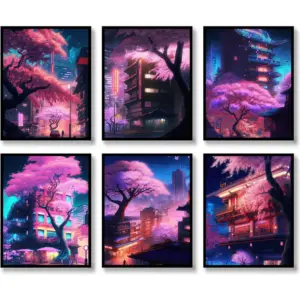 ALAYRA Japanese Wall Art Prints Set of 6 Anime Posters Abstract Illustration Wall Art Comic Sakura Picture Fashion Canvas Art Painting for Living Room Bedroom Wall Decor (8"x10" UNFRAMED) 01