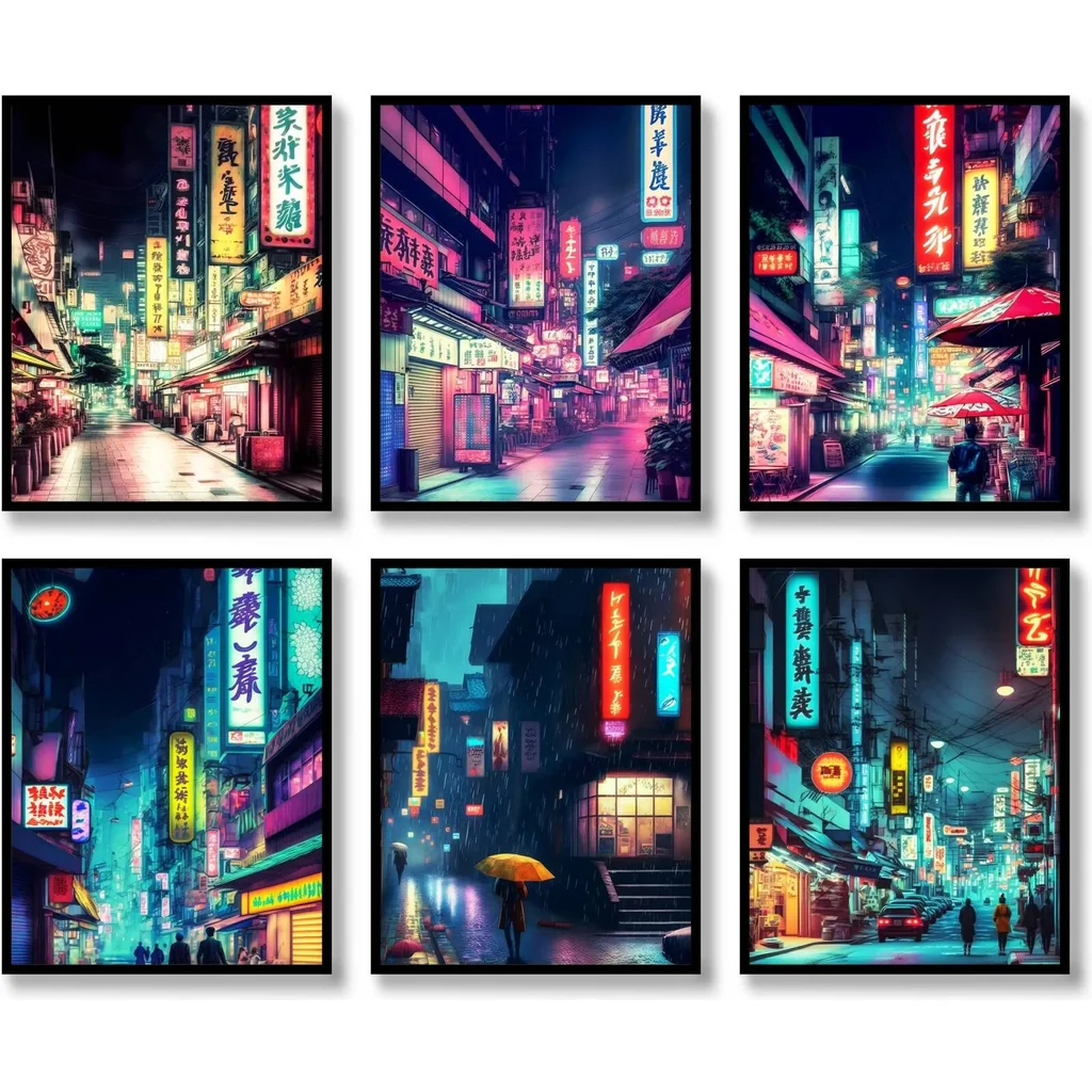 ALAYRA Japanese Wall Art Prints Set of 6 Japan Neon Posters Abstract Illustration Wall Decor Tokyo Night Streets Picture Canvas Art Painting for Living Room Bedroom Wall Art (11"x14" UNFRAMED) 01