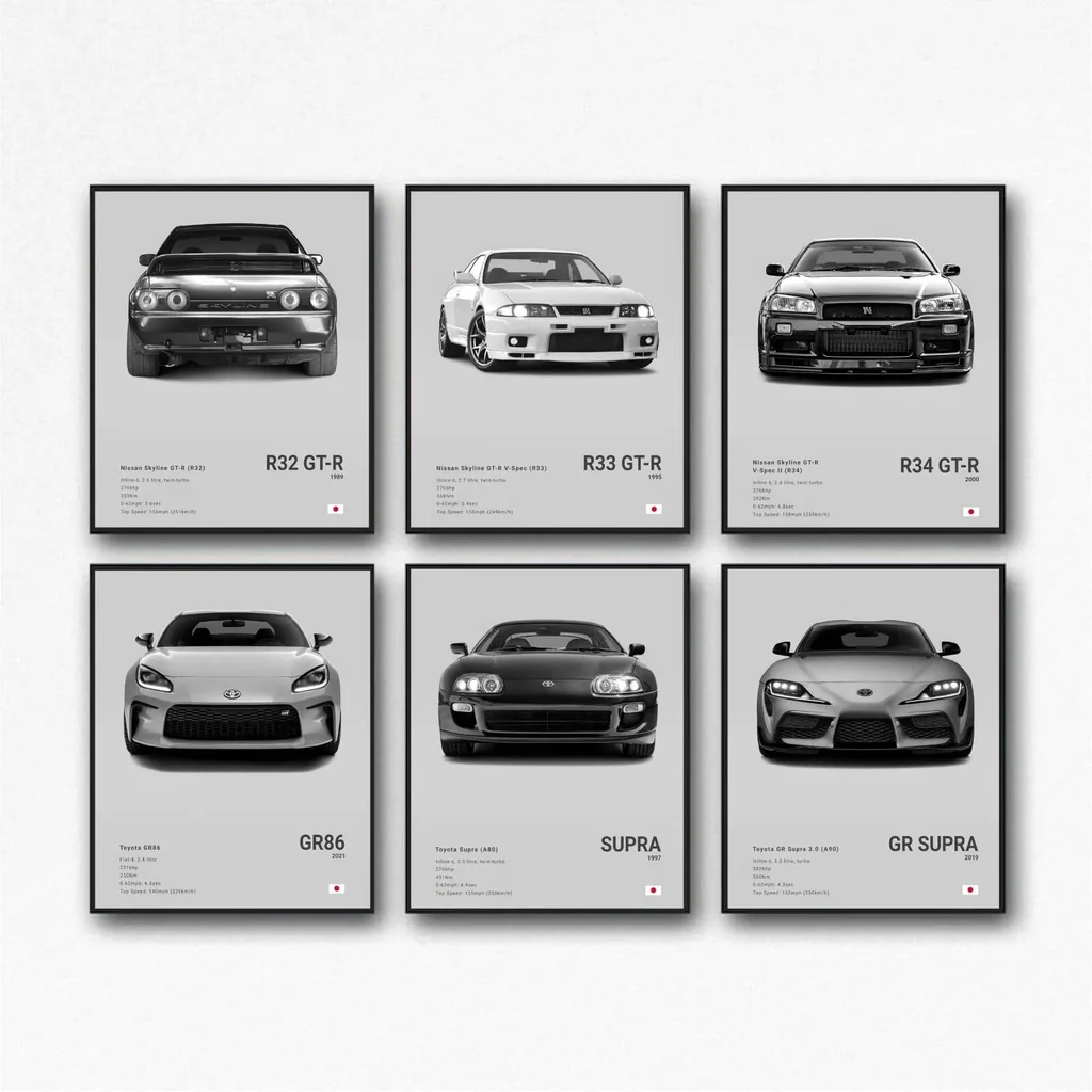 ALAYRA JDM Car Posters For Walls Racing Car Art Posters Japanese Car Wall Art Prints For Boy's Bedroom Living Room Set Of 6, Unframe Style 8x12inch(20x30cm) (Gray) 01