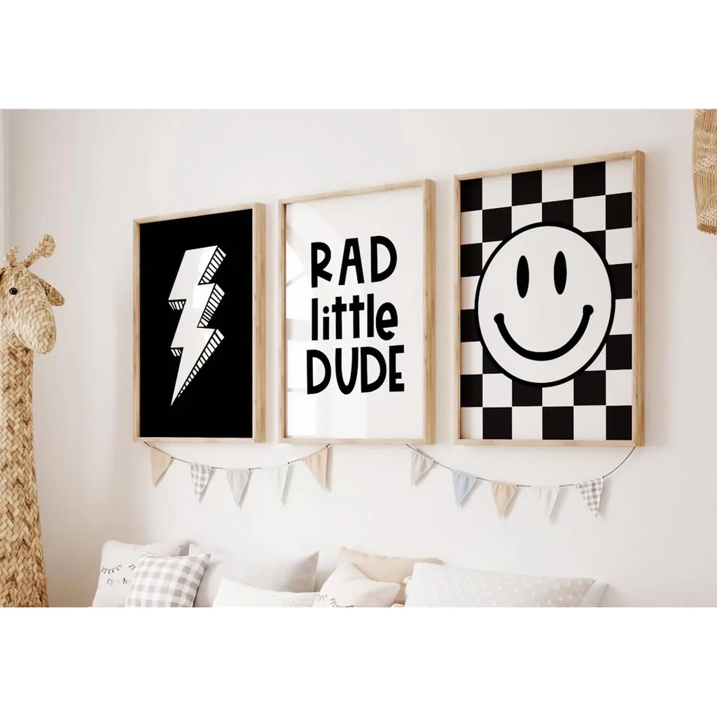 ALAYRA Joocrise Canvas Wall Art Set of 3 Toddler Boys Nursery Decor Black Checkered Smiley Retro 12x16 Inch Unframed 01