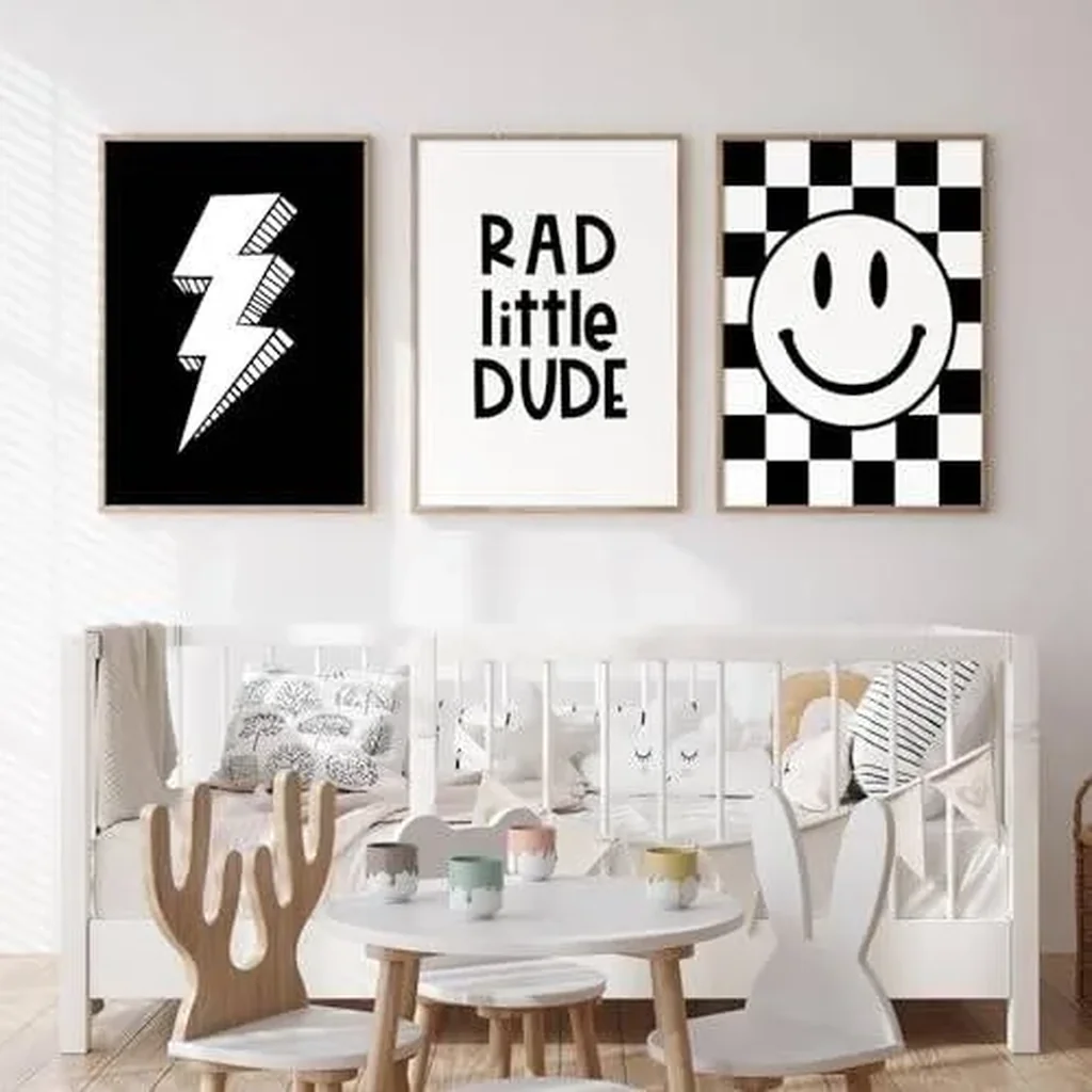 ALAYRA Joocrise Canvas Wall Art Set of 3 Toddler Boys Nursery Decor Black Checkered Smiley Retro 12x16 Inch Unframed 01 - Image 2