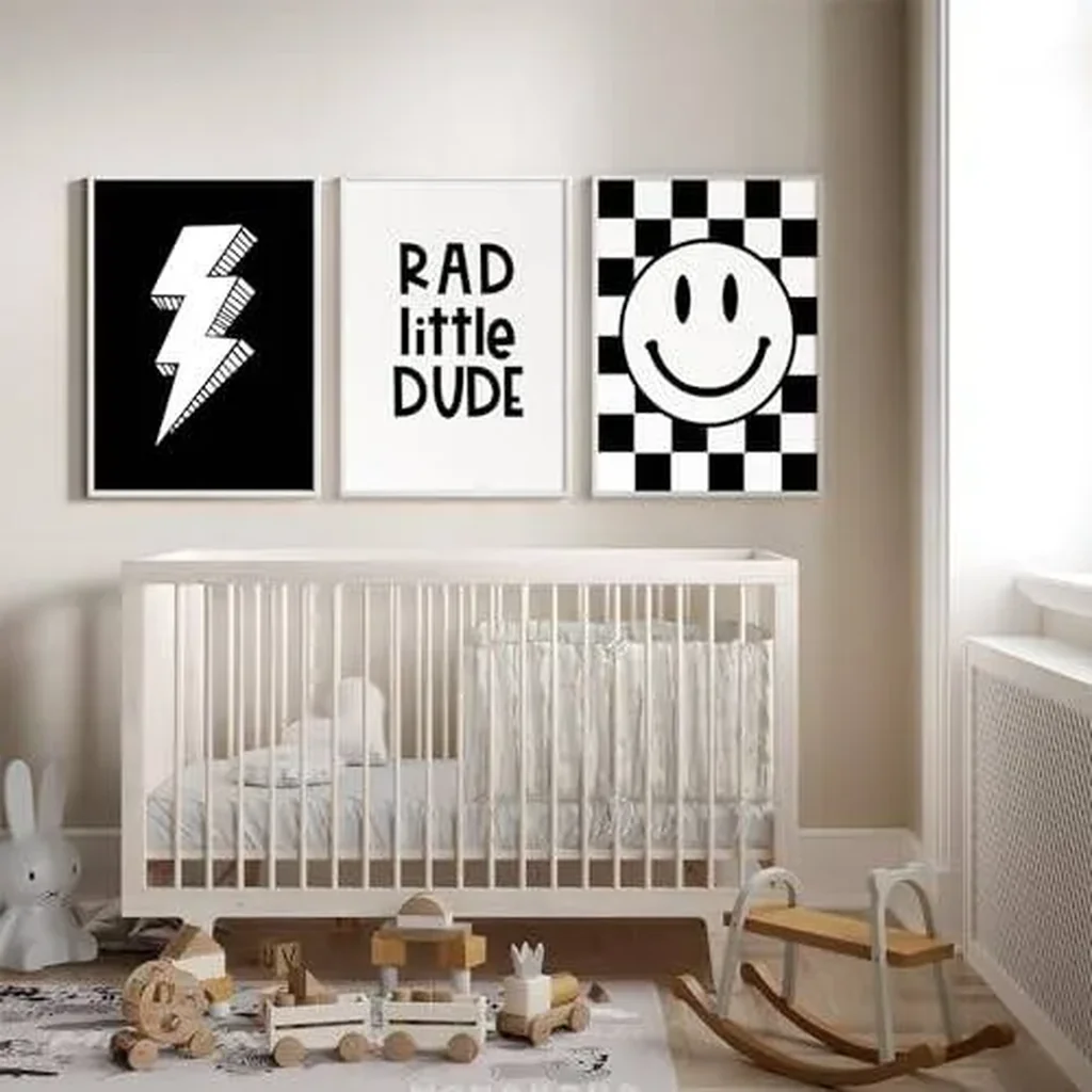 ALAYRA Joocrise Canvas Wall Art Set of 3 Toddler Boys Nursery Decor Black Checkered Smiley Retro 12x16 Inch Unframed 01 - Image 3