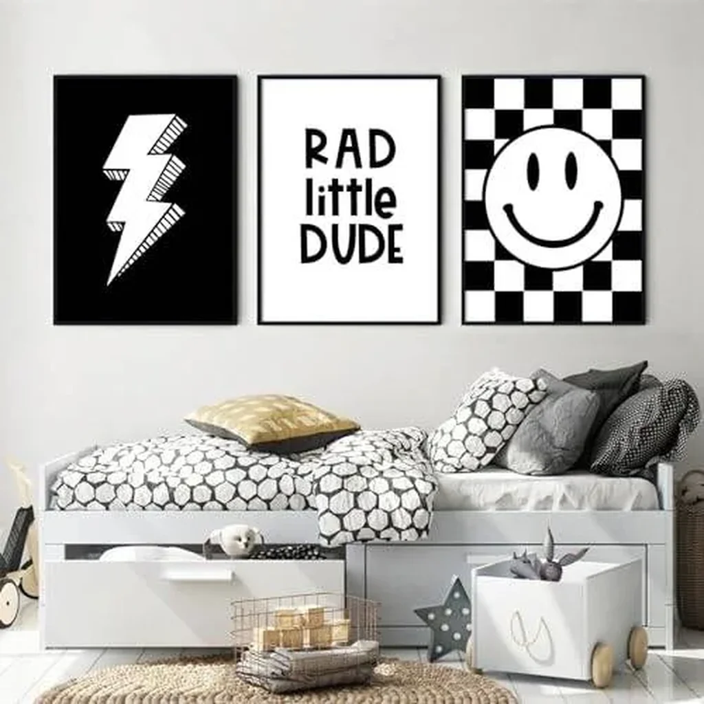 ALAYRA Joocrise Canvas Wall Art Set of 3 Toddler Boys Nursery Decor Black Checkered Smiley Retro 12x16 Inch Unframed 01 - Image 4