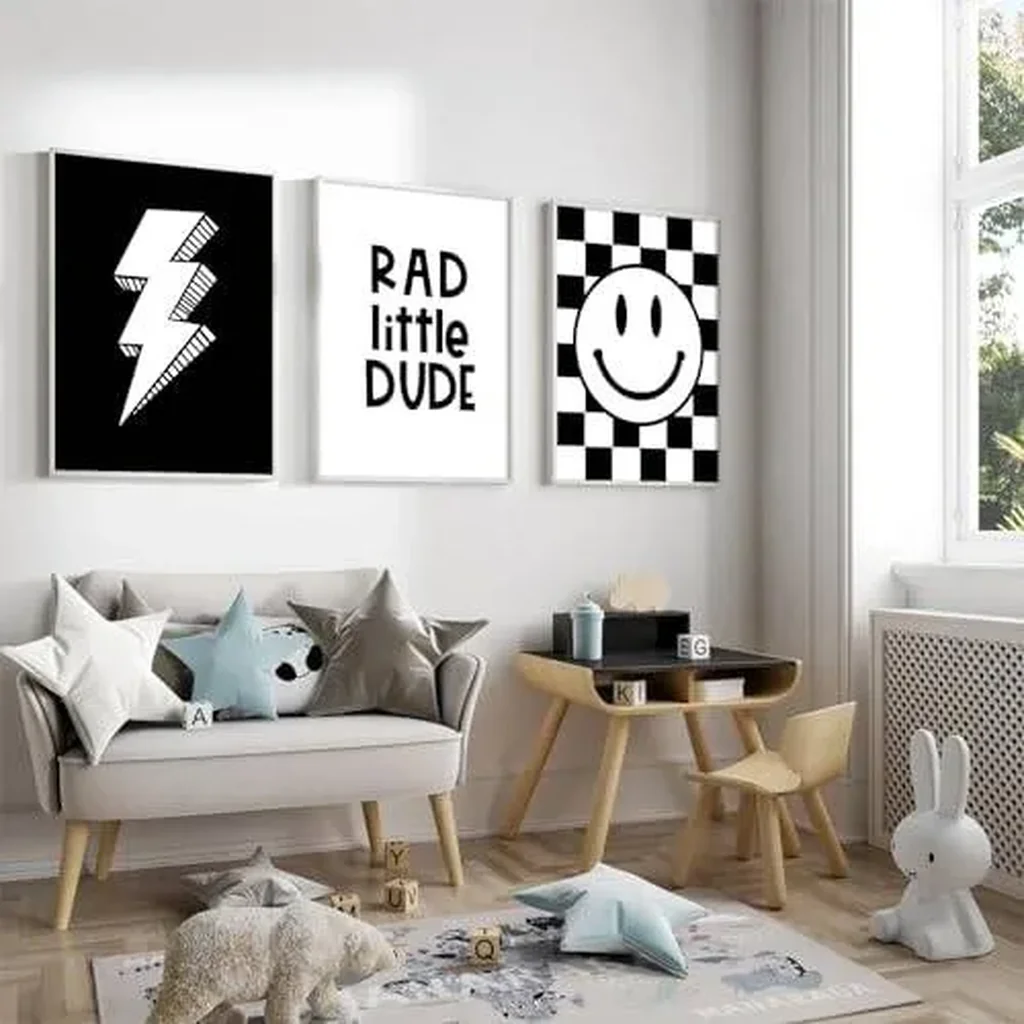 ALAYRA Joocrise Canvas Wall Art Set of 3 Toddler Boys Nursery Decor Black Checkered Smiley Retro 12x16 Inch Unframed 01 - Image 5