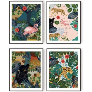 ALAYRA Jungle Animal and Tropical Leaf Poster Wall Decor Wall Art Prints Flamingo, Leopard, Tiger, Panther, Palm Leaves, Flowers Canvas Wall Picture Room Decor Forest Prints (11"x14" UNFRAMED) 01