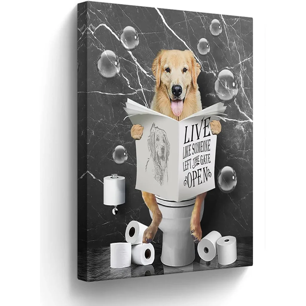 ALAYRA Kateflower Golden Retrievers in Toilet Bathroom Wall Art Funny Pictures Decor Farmhouse Dog Painting for Animals Artwork Framed 16''x24'' 01