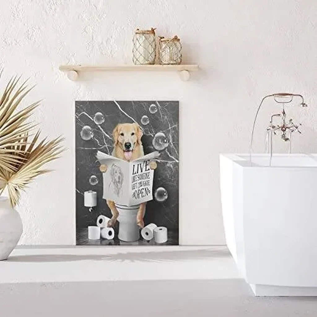 ALAYRA Kateflower Golden Retrievers in Toilet Bathroom Wall Art Funny Pictures Decor Farmhouse Dog Painting for Animals Artwork Framed 16''x24'' 01 - Image 2