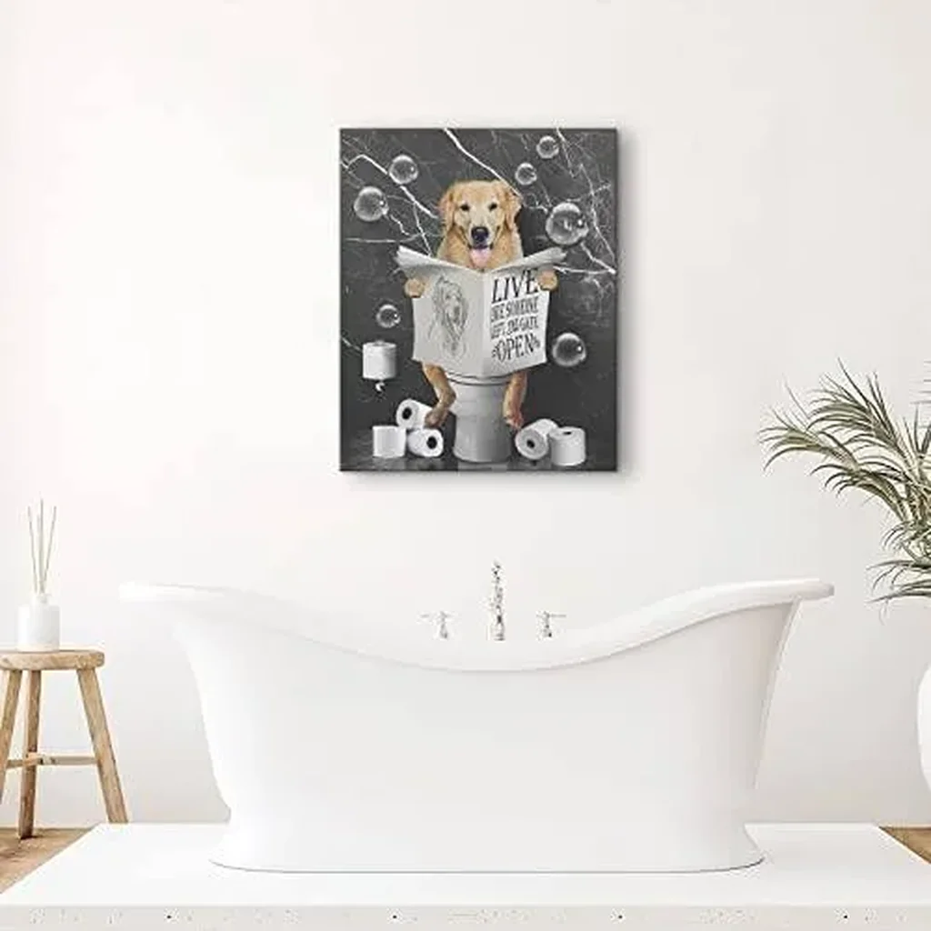 ALAYRA Kateflower Golden Retrievers in Toilet Bathroom Wall Art Funny Pictures Decor Farmhouse Dog Painting for Animals Artwork Framed 16''x24'' 01 - Image 3