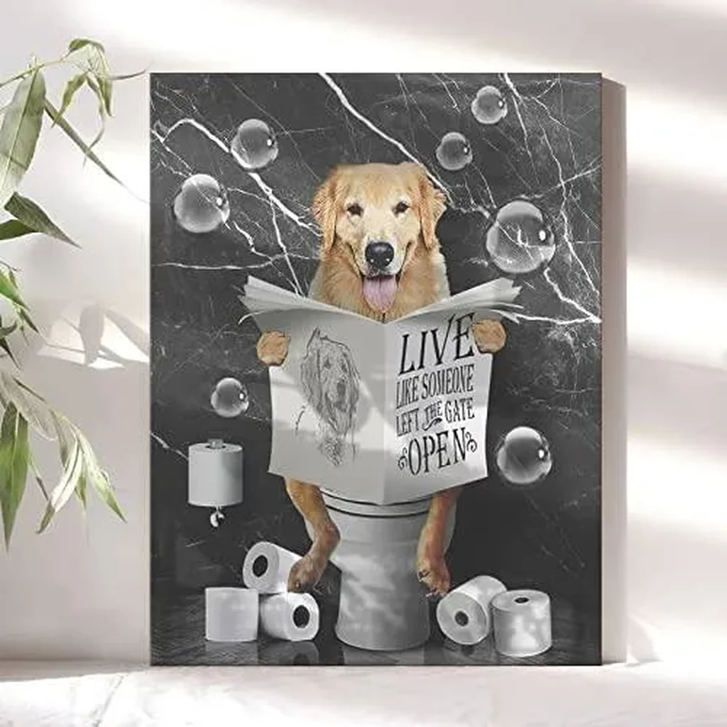 ALAYRA Kateflower Golden Retrievers in Toilet Bathroom Wall Art Funny Pictures Decor Farmhouse Dog Painting for Animals Artwork Framed 16''x24'' 01 - Image 4