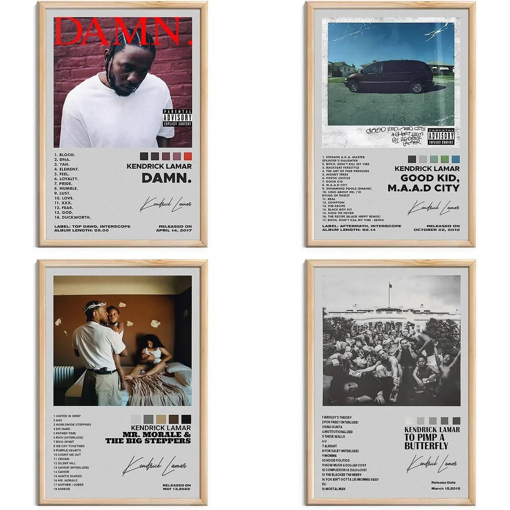 ALAYRA Kendrick Lamar Canvas Poster Set of 4, Hip-Hop Music Album Cover Art, Signed Limited Edition, Unframed, 8x12 inch, Suitable for Living Room, Bathroom, Office, Dorm, Classroom 01
