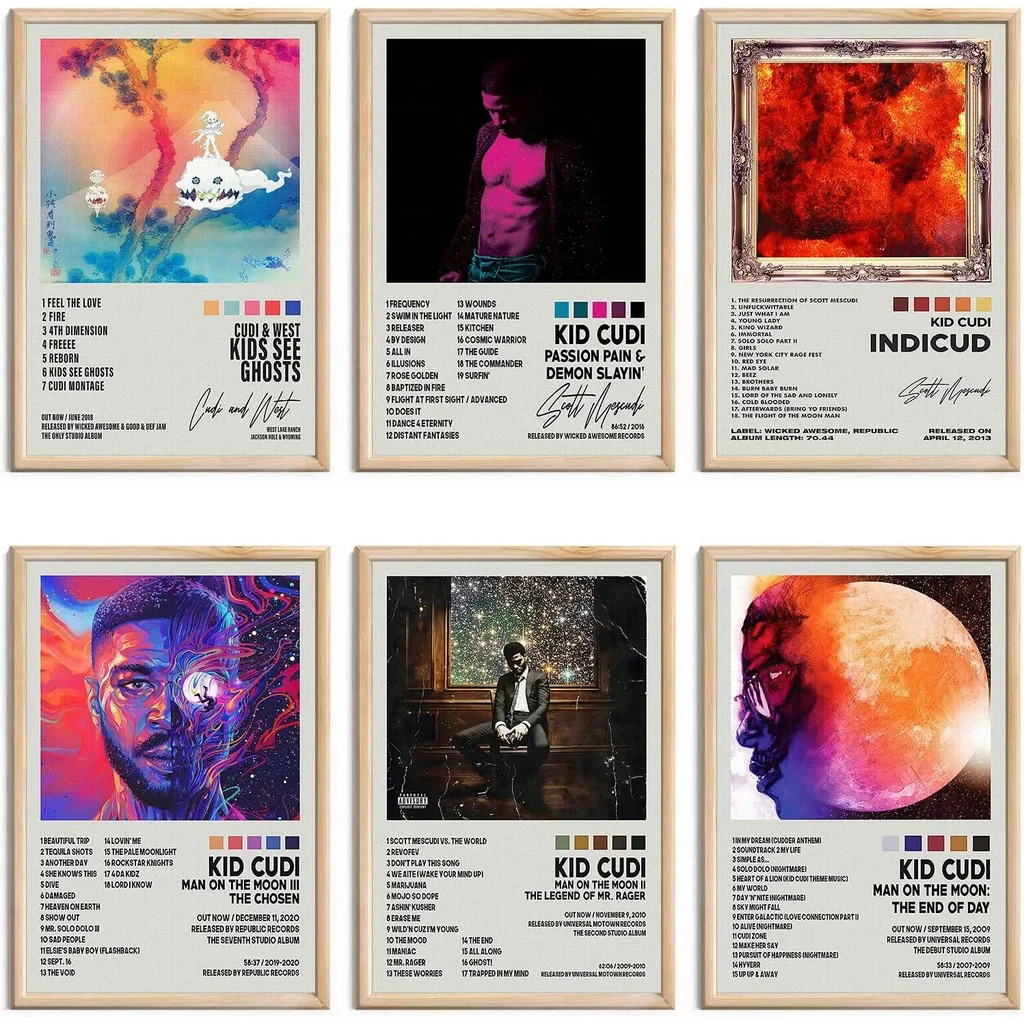 ALAYRA Kid Cudi Posters Album Cover Signed Limited Posters Rapper Music Posters Prints Room Aesthetic Canvas Wall Art Set of 6 for Teen and Girls Dorm Decor 8x12 inch Unframed 01