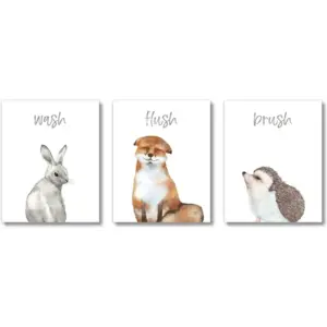 ALAYRA Kids Bathroom Wall Decor Art Prints (UNFRAMED 8 x 10 Set of 3) - Woodland Animals Farmhouse Rustic Gender Neutral Children, Baby Girl Boy, Classroom (Woodland Trio Watercolor) 01