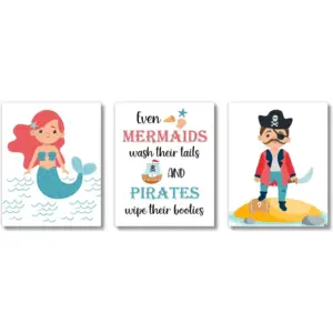ALAYRA Kids Bathroom Wall Decor Art Prints (UNFRAMED 8 x 10 Set of 3) Mermaid Pirate Children, Toddler, Baby Girl, Baby Boy, Nursery, Classroom, Washroom, Restroom, Powder Room (Mermaid Pirate) 01