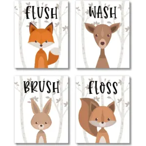 ALAYRA Kids Bathroom Wall Decor Art Prints (UNFRAMED 8 x 10 Set of 4) - Woodland Animals Farmhouse Rustic Toddler, Baby Girl, Baby Boy, Classroom (Woodland Animals Quad) 01