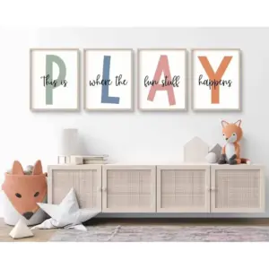 ALAYRA Kids Playroom Wall Art Boys Room Wall Decor Childrens Playroom Canvas Prints Baby Boy Kids Room Poster Decor Toddler Nursery Print Artwork Let'S Play Sign 12x16 Inch Set of 4 UNFRAMED 01