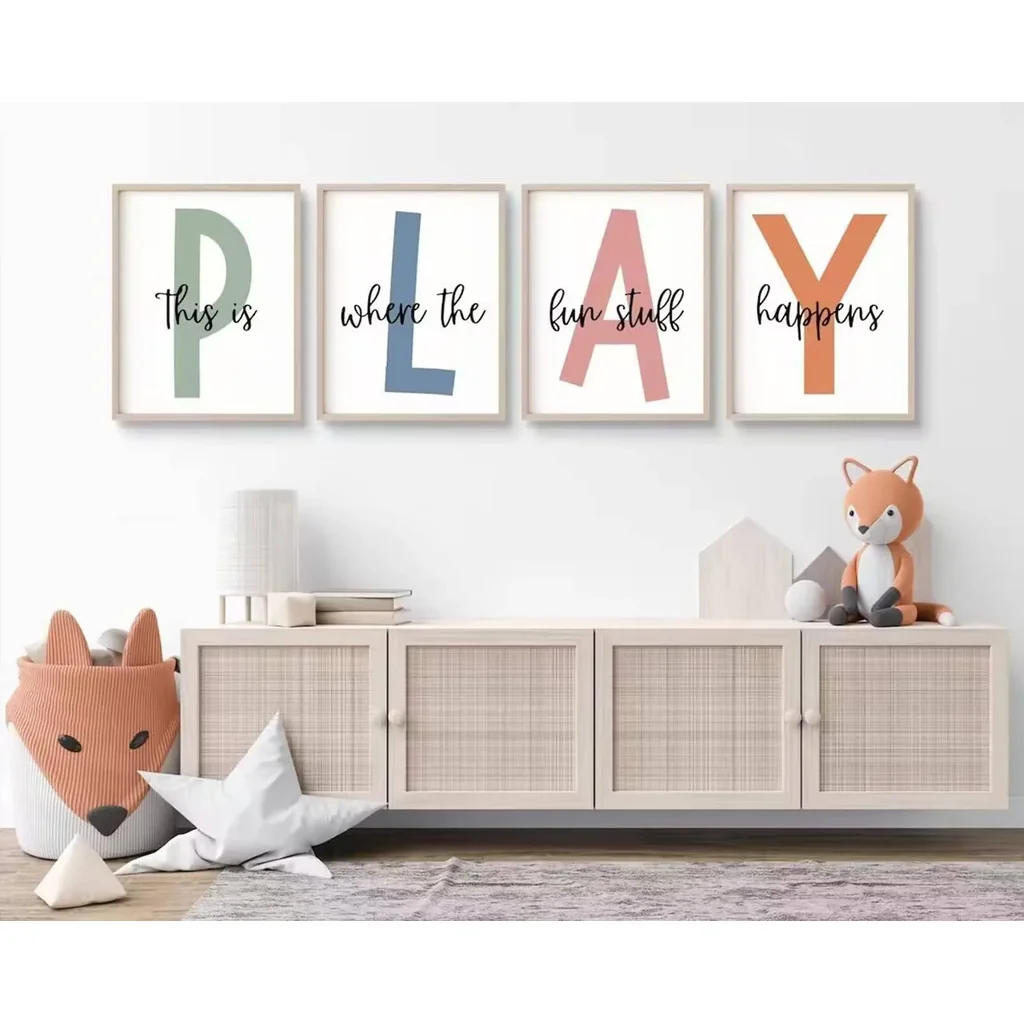 ALAYRA Kids Playroom Wall Art Boys Room Wall Decor Childrens Playroom Canvas Prints Baby Boy Kids Room Poster Decor Toddler Nursery Print Artwork Let'S Play Sign 12x16 Inch Set of 4 UNFRAMED 01