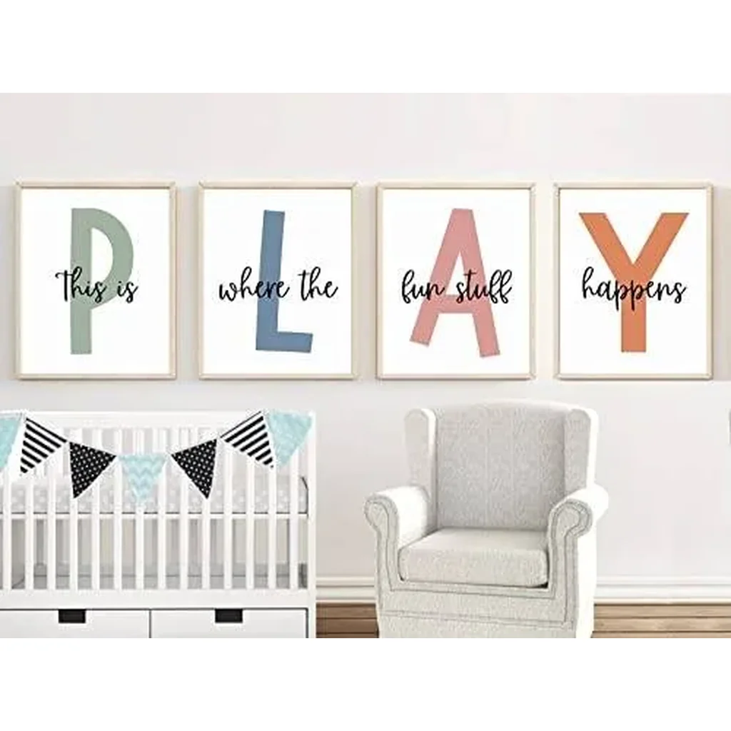 ALAYRA Kids Playroom Wall Art Boys Room Wall Decor Childrens Playroom Canvas Prints Baby Boy Kids Room Poster Decor Toddler Nursery Print Artwork Let'S Play Sign 12x16 Inch Set of 4 UNFRAMED 01 - Image 3