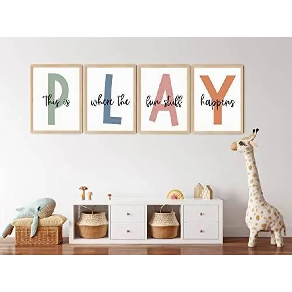 ALAYRA Kids Playroom Wall Art Boys Room Wall Decor Childrens Playroom Canvas Prints Baby Boy Kids Room Poster Decor Toddler Nursery Print Artwork Let'S Play Sign 12x16 Inch Set of 4 UNFRAMED 01 - Image 4