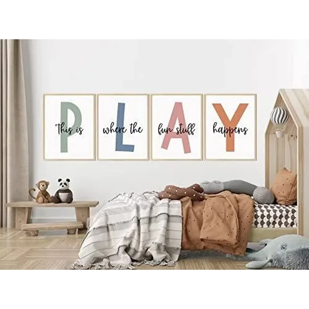 ALAYRA Kids Playroom Wall Art Boys Room Wall Decor Childrens Playroom Canvas Prints Baby Boy Kids Room Poster Decor Toddler Nursery Print Artwork Let'S Play Sign 12x16 Inch Set of 4 UNFRAMED 01 - Image 5