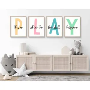 ALAYRA Kids Playroom Wall Art Canvas Prints - Play Sign Pictures for Toddler Room Decor - Nursery Children Artwork Set of 4 12x16 Inch Unframed 01