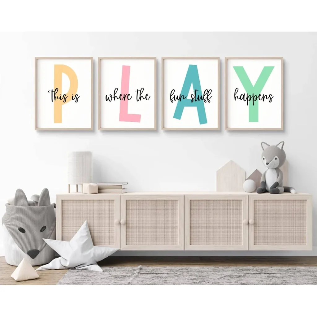 ALAYRA Kids Playroom Wall Art Canvas Prints - Play Sign Pictures for Toddler Room Decor - Nursery Children Artwork Set of 4 12x16 Inch Unframed 01