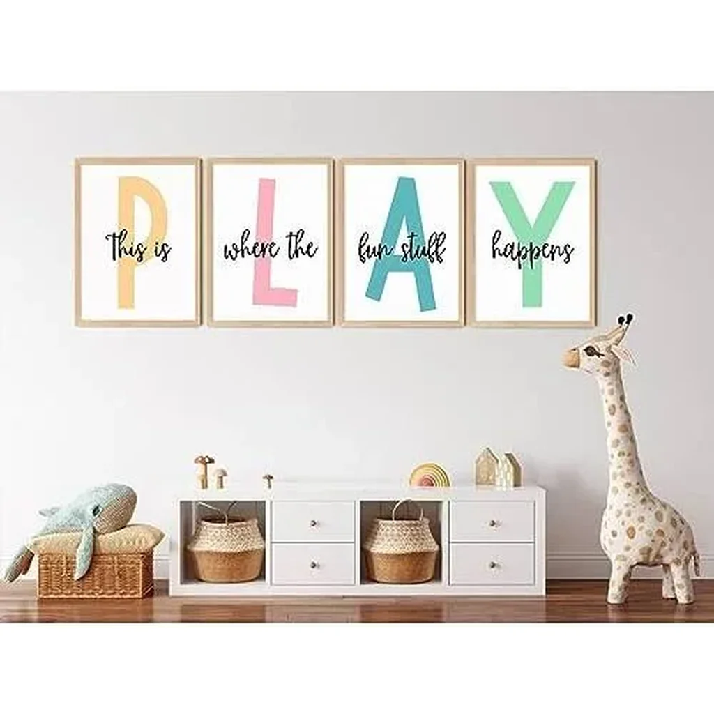 ALAYRA Kids Playroom Wall Art Canvas Prints - Play Sign Pictures for Toddler Room Decor - Nursery Children Artwork Set of 4 12x16 Inch Unframed 01 - Image 3