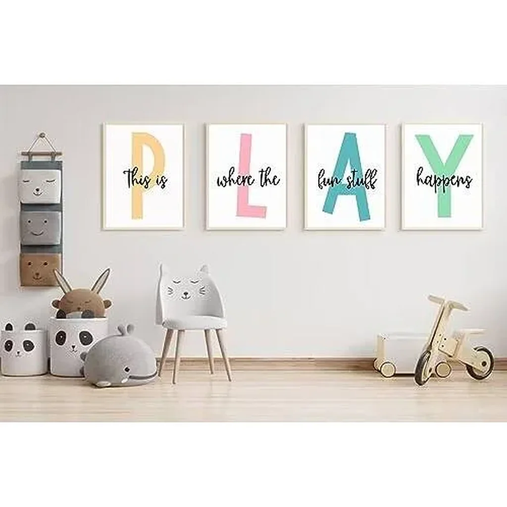 ALAYRA Kids Playroom Wall Art Canvas Prints - Play Sign Pictures for Toddler Room Decor - Nursery Children Artwork Set of 4 12x16 Inch Unframed 01 - Image 4