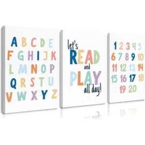 ALAYRA Kids Playroom Wall Art Decor Alphabet Poster Play Room Canvas Wall Decor ABC Nursery Wall Art 123 Toddler Poster Let's Read for Boy Girl Room 16x24 Inch Framed Set of 3 01