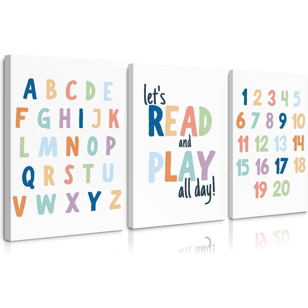 ALAYRA Kids Playroom Wall Art Decor Alphabet Poster Play Room Canvas Wall Decor ABC Nursery Wall Art 123 Toddler Poster Let's Read for Boy Girl Room 16x24 Inch Framed Set of 3 01