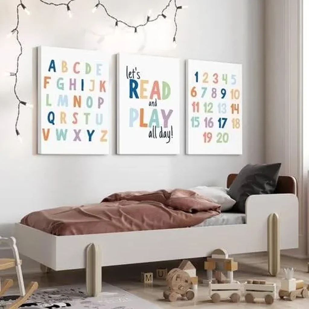 ALAYRA Kids Playroom Wall Art Decor Alphabet Poster Play Room Canvas Wall Decor ABC Nursery Wall Art 123 Toddler Poster Let's Read for Boy Girl Room 16x24 Inch Framed Set of 3 01 - Image 2