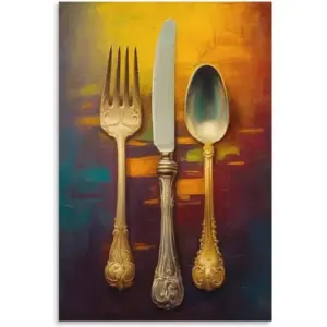 ALAYRA Kitchen Canvas Wall Art Fork Poster for Dining Room Vintage Funky Pictures Aesthetic Farmhouse Rustic Paintings Bar Home Dcor Unframe 16x24inch (Old Cutlery) 01