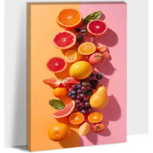 ALAYRA Kitchen Canvas Wall Art, Fresh Fruit Canvas Wall Paintings, Vegetable Colorful Art Prints, Healthy Fruit Food Pictures Framed, Pink Wall Decor for Kitchen, Dining Room Ready to Hang 12x18 Inch