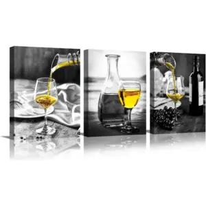 ALAYRA Kitchen Wall Art for Dining Room, Wine Painting Artwork Poster Black White Canvas yellow Wine In Cups Pictures For Home Decorations 01