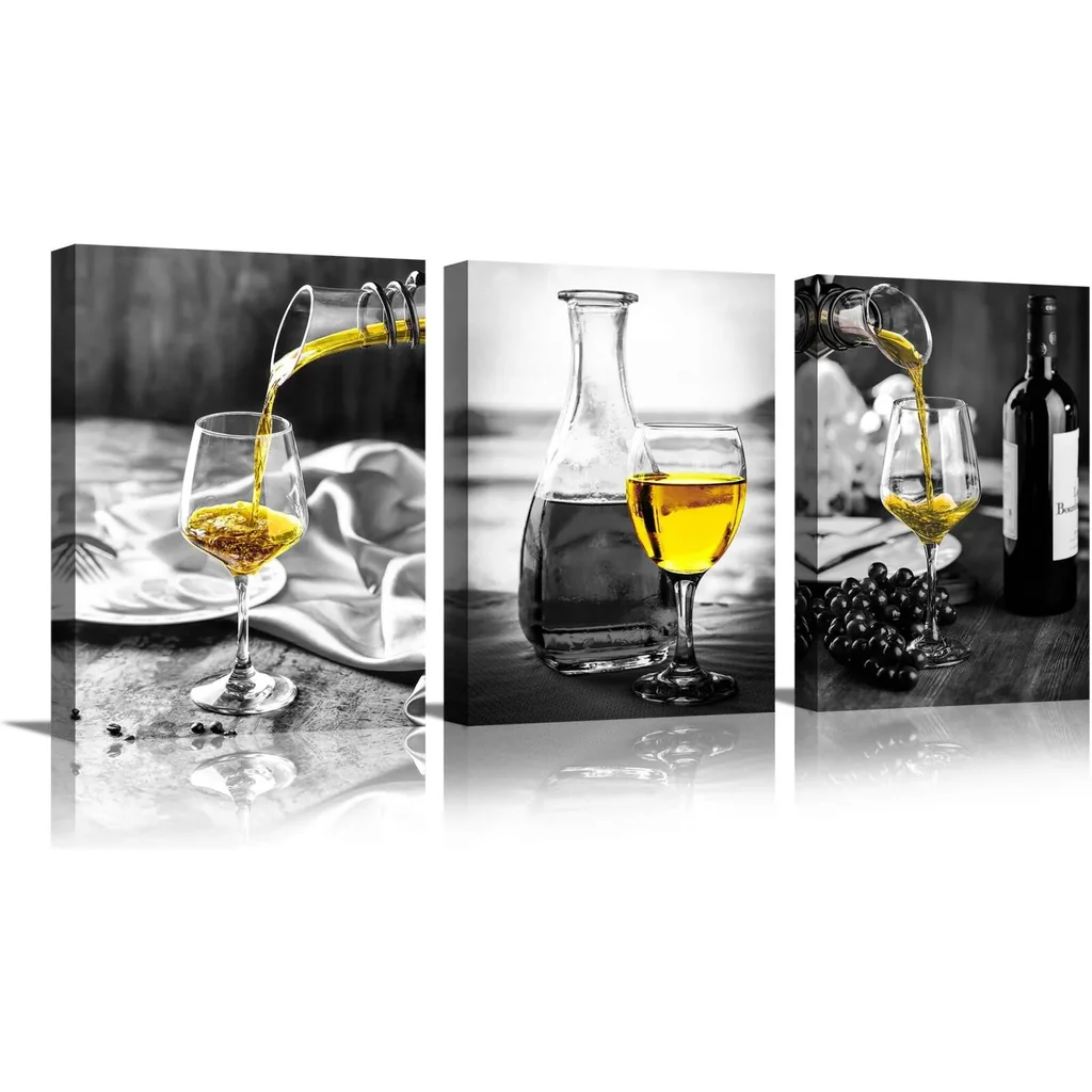 ALAYRA Kitchen Wall Art for Dining Room, Wine Painting Artwork Poster Black White Canvas yellow Wine In Cups Pictures For Home Decorations 01