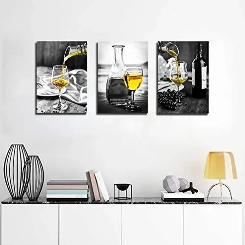 ALAYRA Kitchen Wall Art for Dining Room, Wine Painting Artwork Poster Black White Canvas yellow Wine In Cups Pictures For Home Decorations 01 - Image 2