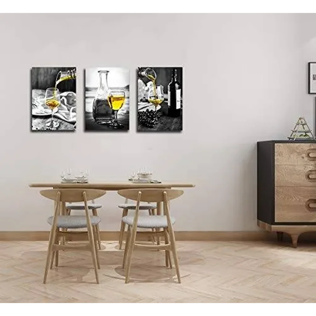 ALAYRA Kitchen Wall Art for Dining Room, Wine Painting Artwork Poster Black White Canvas yellow Wine In Cups Pictures For Home Decorations 01 - Image 3