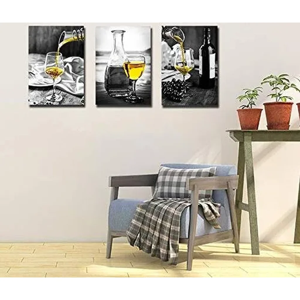 ALAYRA Kitchen Wall Art for Dining Room, Wine Painting Artwork Poster Black White Canvas yellow Wine In Cups Pictures For Home Decorations 01 - Image 4