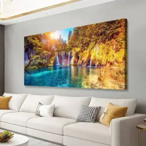ALAYRA Lake Water Pictures Canvas Wall Art for Living room Bedroom Wall Decor, Waterfall Wall Art Print Paitnings for home Decor, Morden Artwork Sunset Tree Canvas Art Waterproof Stretched Ready to 01