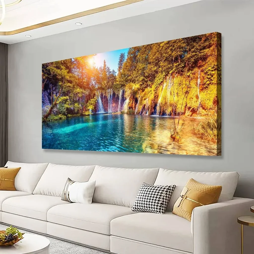 ALAYRA Lake Water Pictures Canvas Wall Art for Living room Bedroom Wall Decor, Waterfall Wall Art Print Paitnings for home Decor, Morden Artwork Sunset Tree Canvas Art Waterproof Stretched Ready to 01