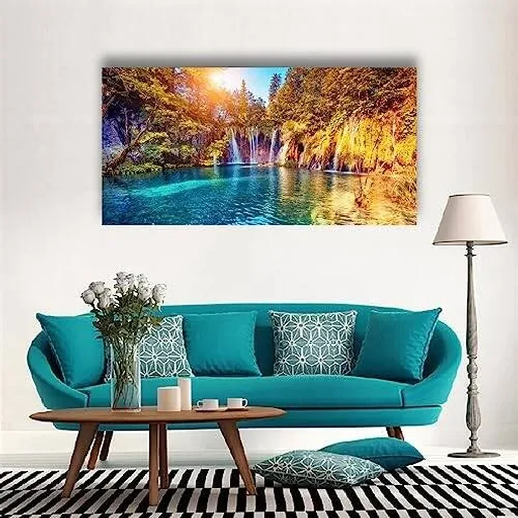 ALAYRA Lake Water Pictures Canvas Wall Art for Living room Bedroom Wall Decor, Waterfall Wall Art Print Paitnings for home Decor, Morden Artwork Sunset Tree Canvas Art Waterproof Stretched Ready to 01 - Image 2