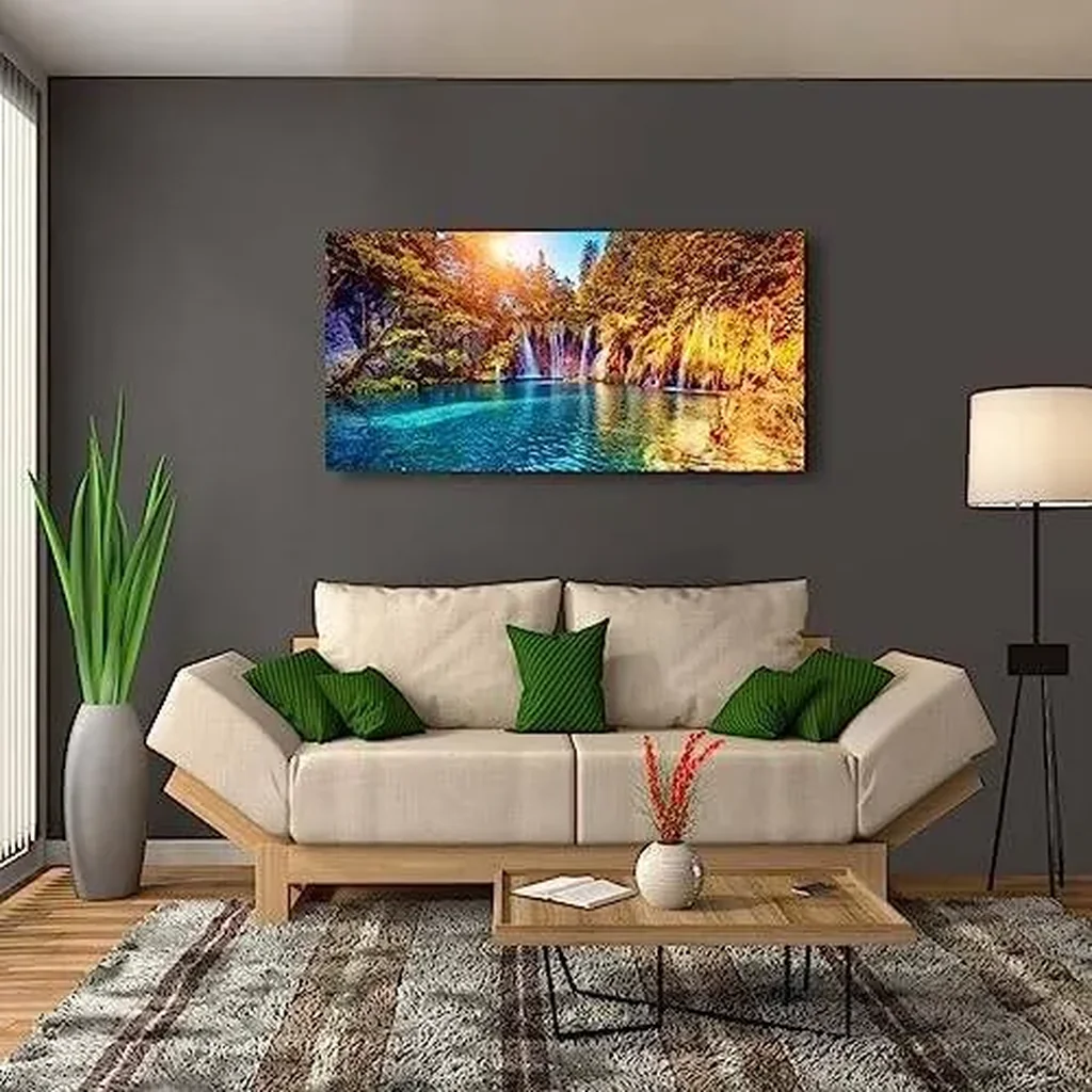 ALAYRA Lake Water Pictures Canvas Wall Art for Living room Bedroom Wall Decor, Waterfall Wall Art Print Paitnings for home Decor, Morden Artwork Sunset Tree Canvas Art Waterproof Stretched Ready to 01 - Image 3