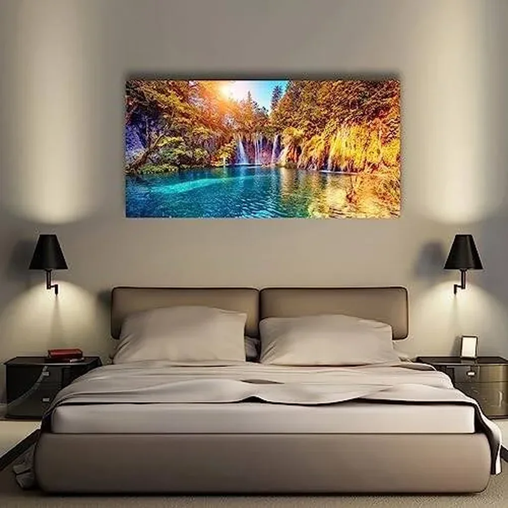 ALAYRA Lake Water Pictures Canvas Wall Art for Living room Bedroom Wall Decor, Waterfall Wall Art Print Paitnings for home Decor, Morden Artwork Sunset Tree Canvas Art Waterproof Stretched Ready to 01 - Image 4