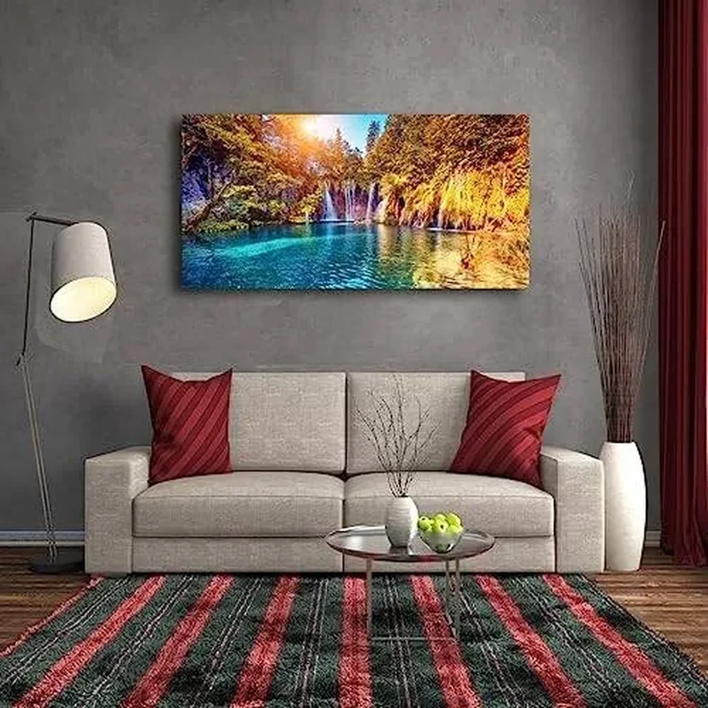 ALAYRA Lake Water Pictures Canvas Wall Art for Living room Bedroom Wall Decor, Waterfall Wall Art Print Paitnings for home Decor, Morden Artwork Sunset Tree Canvas Art Waterproof Stretched Ready to 01 - Image 5