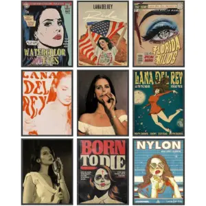 ALAYRA Lana Del Rey Aesthetic Poster, Vintage Music Posters, Album Cover Inspired Wall Art, Lana Gifts Merch, Room Decor Aesthetic (Set of 9, 8in x 10in, Unframed) 01